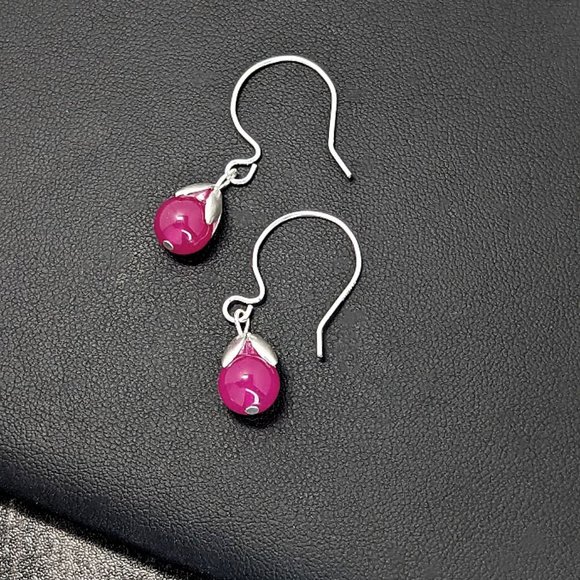 handmade Jewelry - Floral Sterling Silver Filled Magenta Pink Quartz Beaded Gemstone Drop Earrings